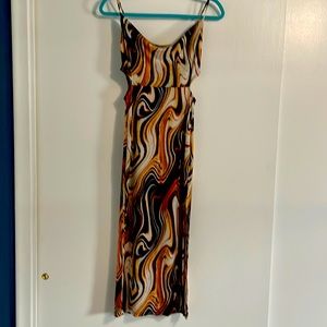 Brown swirl cowl neck midi dress